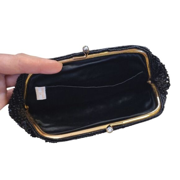 VTG 50s 60s Black Handmade Hong Kong Beaded Sequins Kiss Lock Clutch - Picture 12 of 16